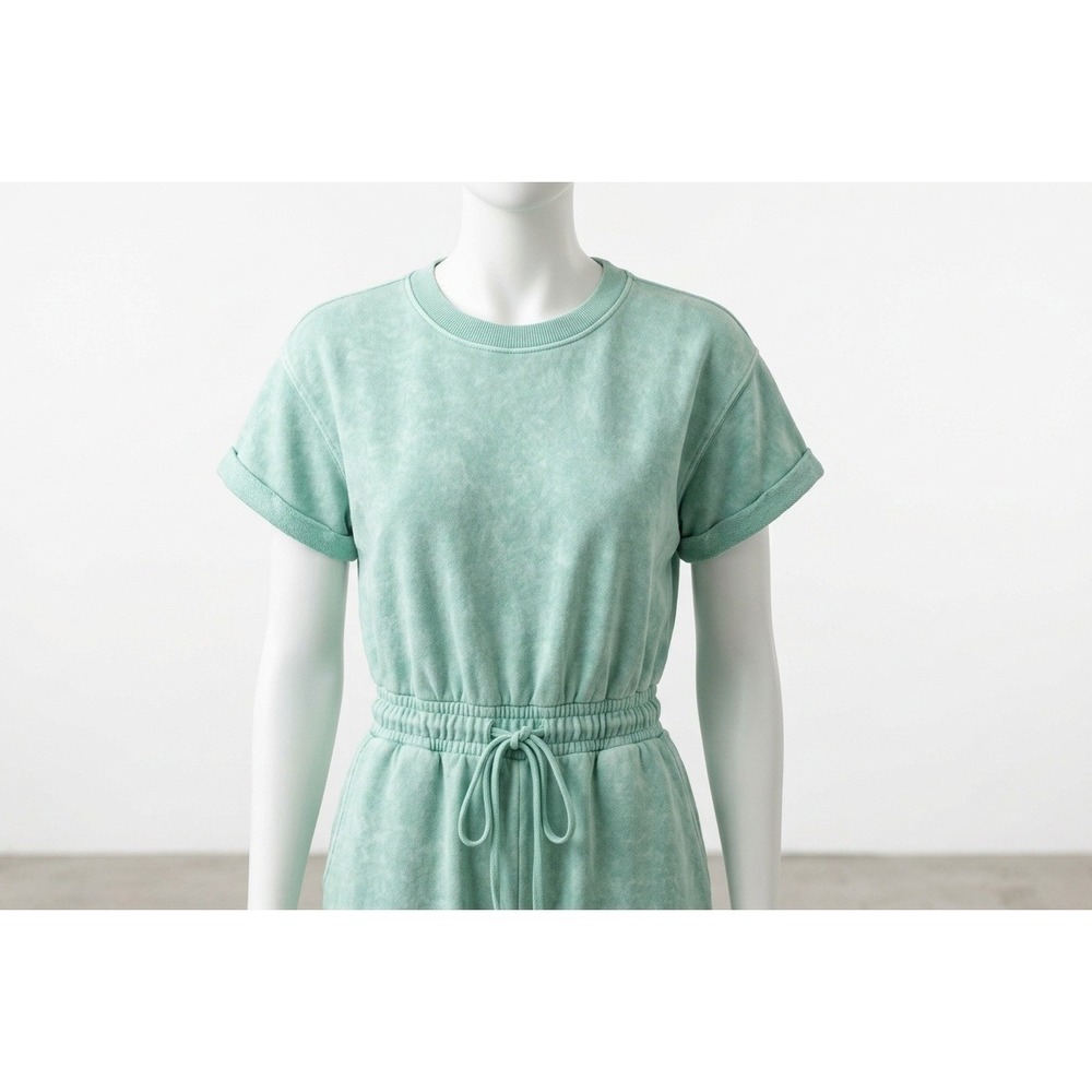 Mint Green Mineral Wash Romper Drawstring Waist Casual Lounge Summer Jumpsuit